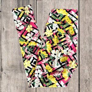 LuLaRoe Leggings Women OS Black White Pink Yellow Floral Poppies Trellis Lattice